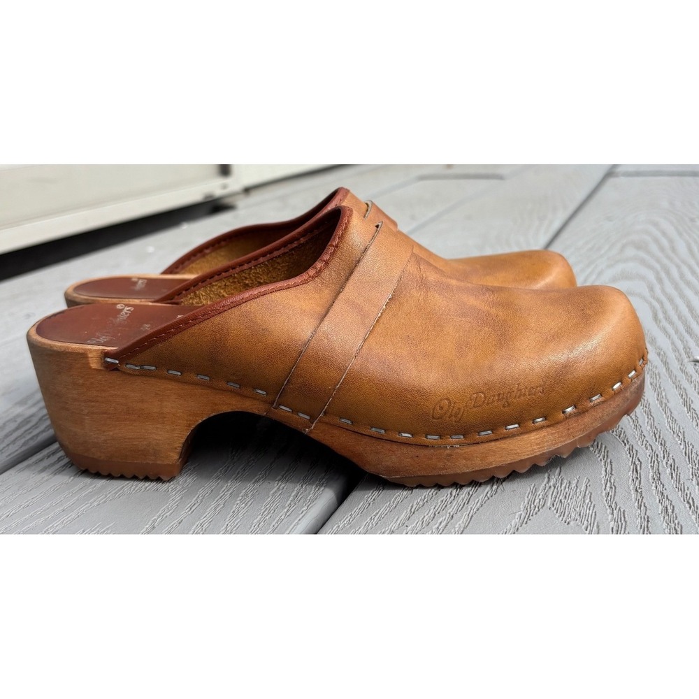 Olof Daughters Clogs Ulla Sweden Brown Leather Wooden Slip On Mules Shoes 37